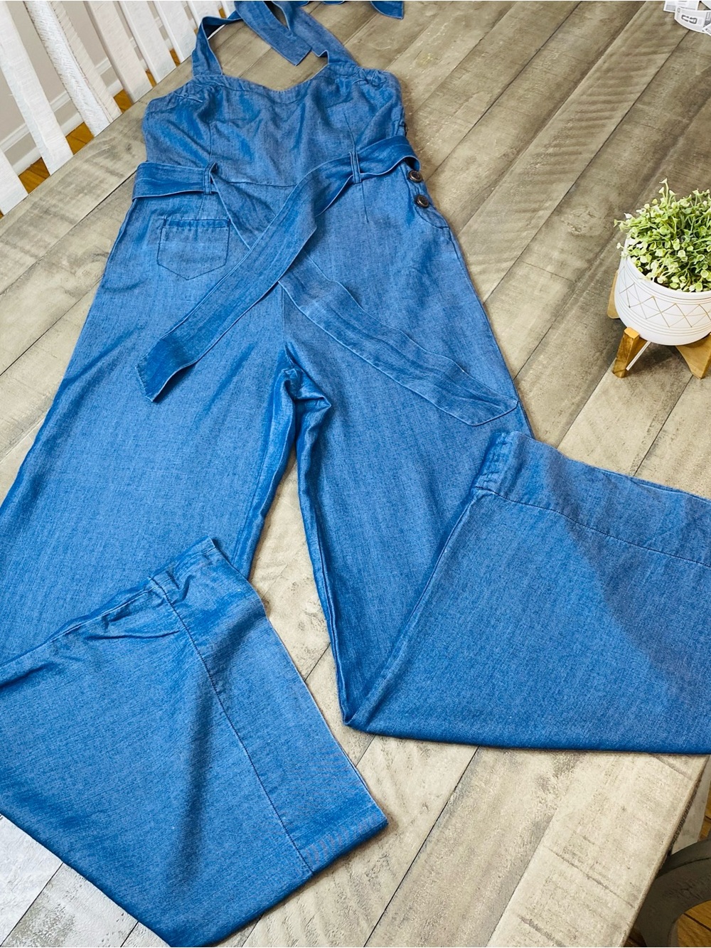 Anthropologie Elevenses Sharlene Denim Halter Jumpsuit Wide Leg Flare Size 6 - Picture 7 of 13